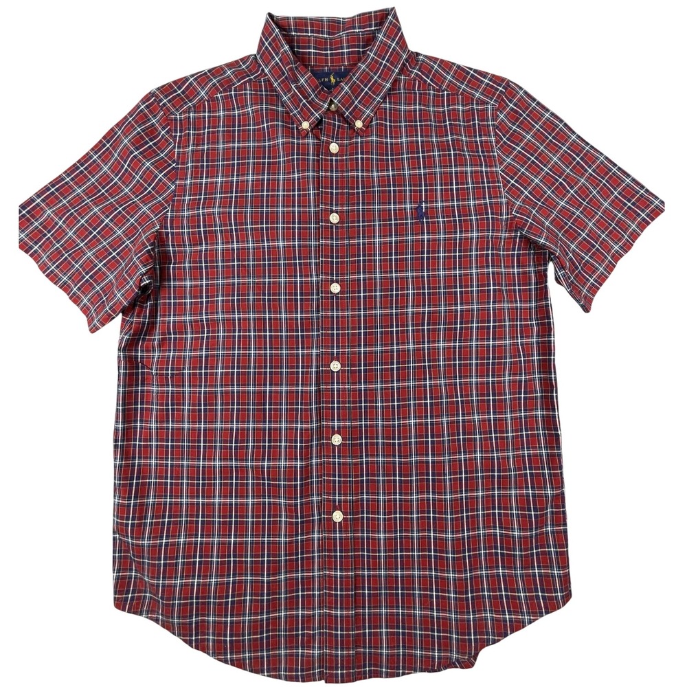 Ralph Lauren Shirt Boys L 14-16 Red Plaid Short Sleeve Button Down Cotton Pony